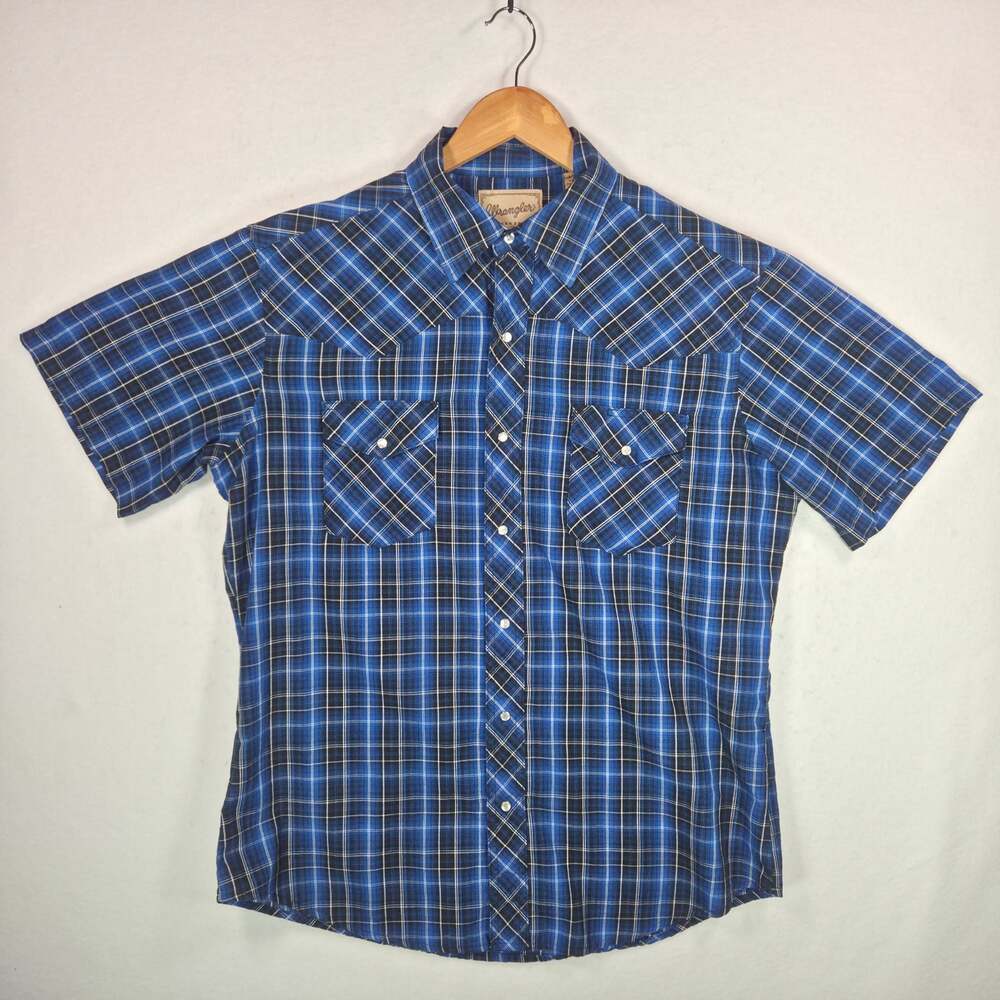 Wrangler Western Shirt Mens Large Blue Plaid Pearl Snap Yoke Short SS vintage